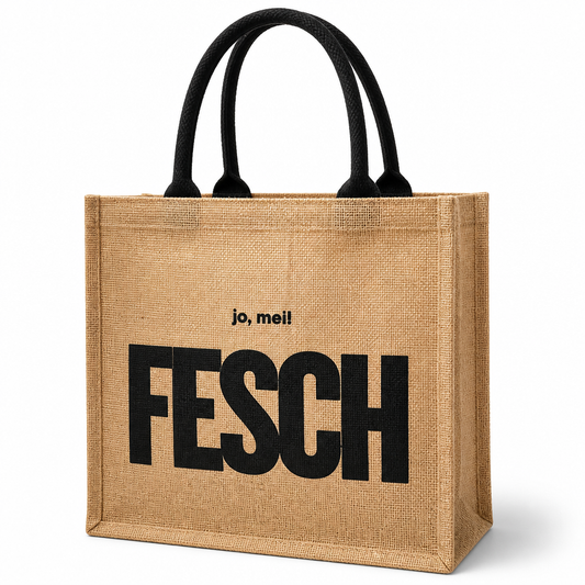 Jute Tasche braun mit schwarzen Griffen, Schriftzug jo, mei! FESCH in schwarzem strukturiertem Vinyl
