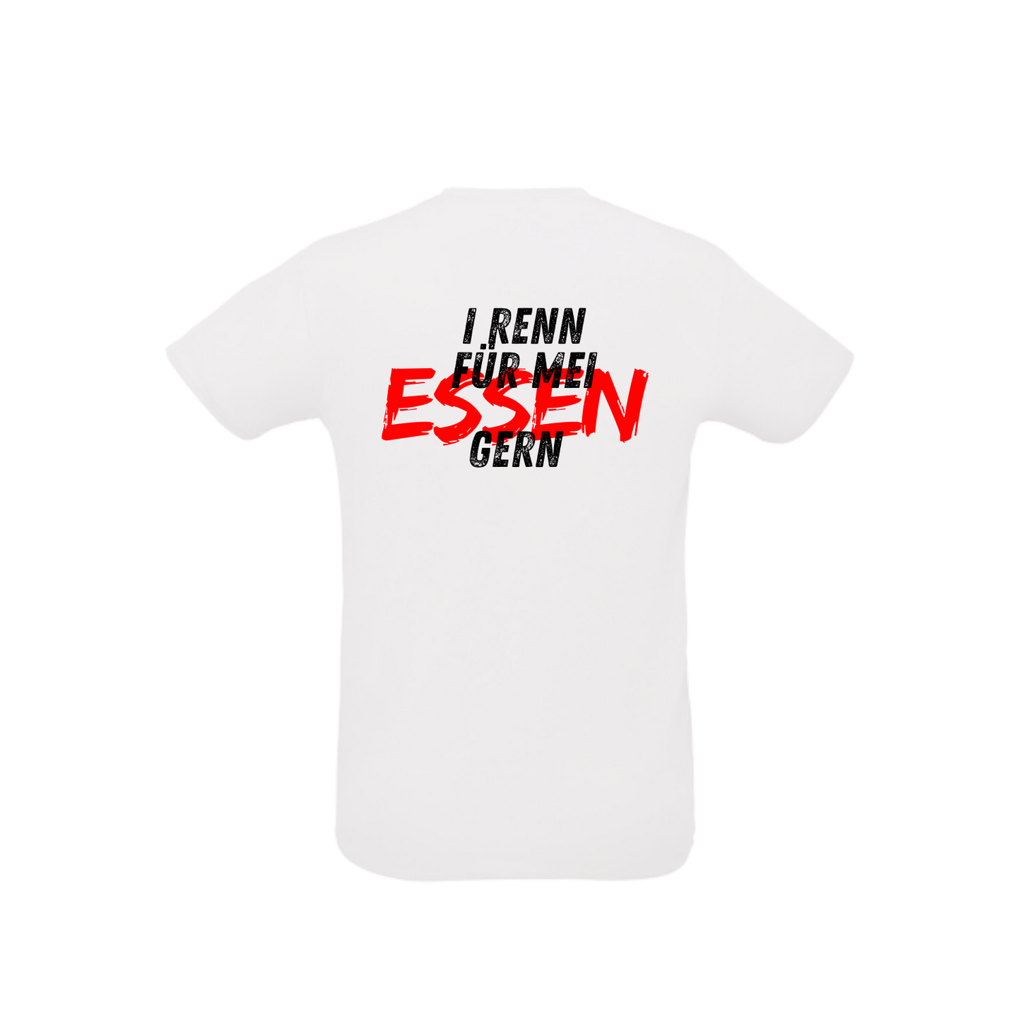 weißes Sportleiberl kurzärmelig mit schwarzer Schrift "I renn für mei ESSEN (in rot) gern" am Rücken