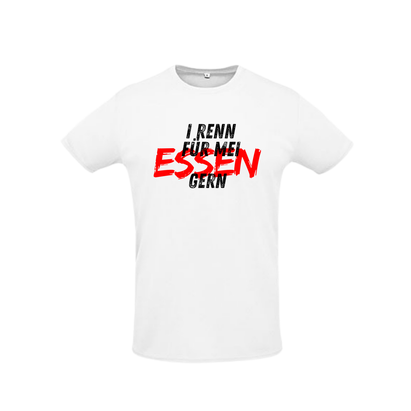 weißes Sportleiberl kurzärmelig mit schwarzer Schrift "I renn für mei ESSEN (in rot) gern" über der Brust
