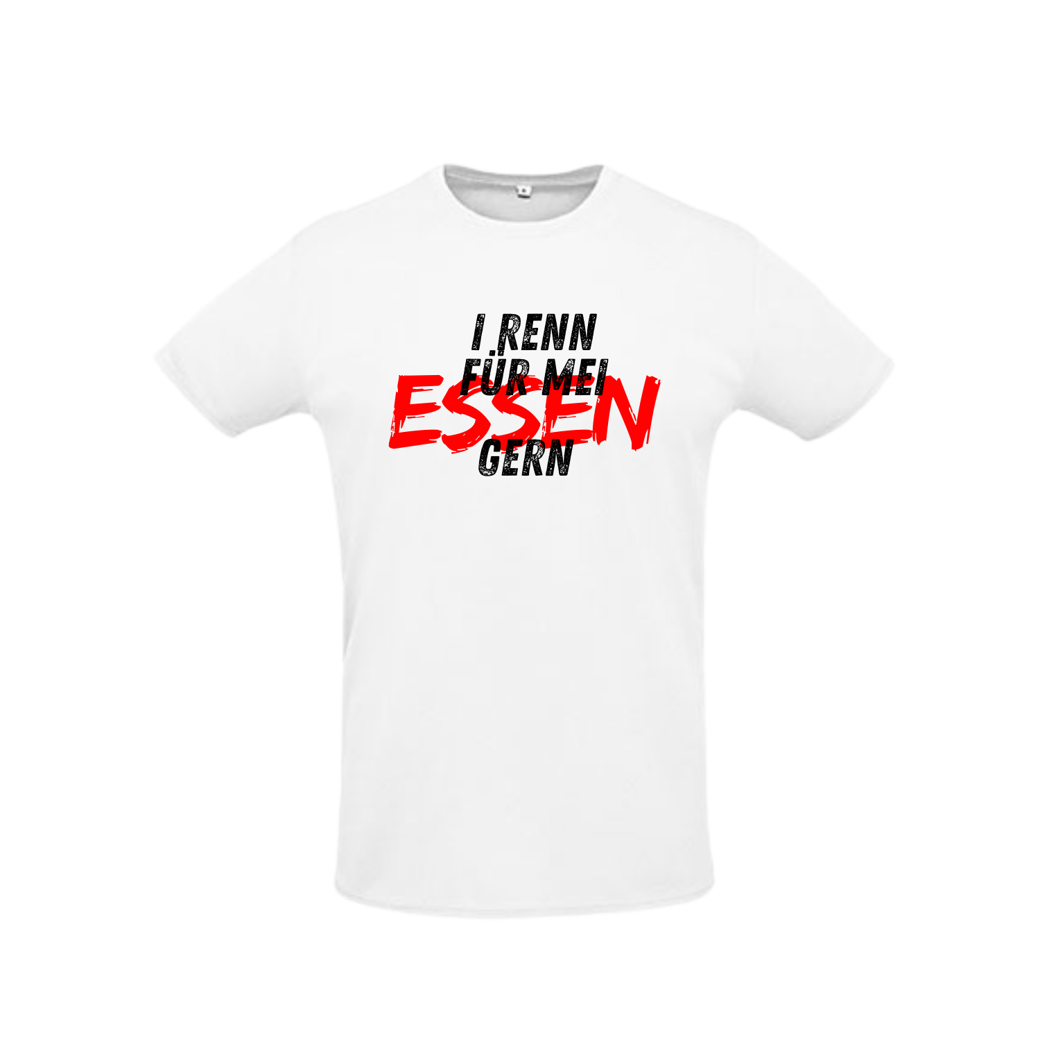 weißes Sportleiberl kurzärmelig mit schwarzer Schrift "I renn für mei ESSEN (in rot) gern" über der Brust